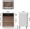 This image is a collage of diagrams showing the dimensions and front/side views of a cabinet. Voir les images du produit