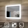 A square LED mirror mounted on a tiled wall, with icons at the bottom highlighting features.