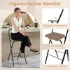 A woman is sitting on a bar stool in what appears to be an outdoor or patio setting, with various product features highlighted in inset images. Produktbild-Vorschau