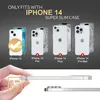 Marketing image showing different iPhone 14 models and their compatibility with a super slim case, along with a close-up of the case's dimensions and weight. Produktbild-Vorschau