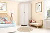 A bedroom corner with a bed, a wardrobe, and a bench. Produktbild-Vorschau