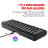 A black keyboard with colorful RGB lighting and a USB-C cable. Text describes its features. Produktbild-Vorschau