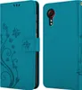 A teal flip phone case with a floral and butterfly design is shown from two angles. Náhled obrázku produktu