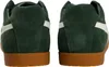 The back view of two green suede sneakers with beige stripes and brown soles. Produktbild-Vorschau