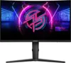 A curved gaming monitor displaying a vibrant, abstract graphic with neon lights and a stylized logo. Produktbild-Vorschau