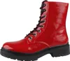 Das Bild zeigt einen roten Stiefel der von der Seite betrachtet wird. Der Stiefel hat ein hohes Design und eine glatte Oberfläche mit einem eleganten Look. Produktbild-Vorschau