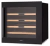 A black built-in wine cooler with a glass door and wooden shelves. Produktbild-Vorschau
