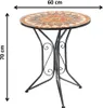 A round mosaic table with a black metal base, shown with dimensions indicated. Podgląd zdjęcia produktu
