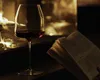 A glass of red wine sits next to an open book in front of a fireplace. Produktbild-Vorschau