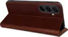 A brown leather flip case for a smartphone is shown standing open, revealing the phone's camera array. Produktbild-Vorschau