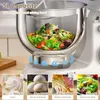 A close-up of a white stand mixer with a stainless steel bowl filled with salad, with four smaller images at the bottom showing different food items and their maximum capacities. Produktbild-Vorschau