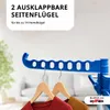Close-up of a blue drying rack with clothes hangers and shirts, with marketing text in the upper left corner and a brand logo in the lower right. Produktbild-Vorschau