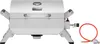 A silver portable gas grill with a red hose and regulator is shown against a white background. Produktbild-Vorschau