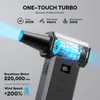 A close-up shot of a black and gray electric dust blower with blue light effects emanating from the fan and nozzle. Náhľad obrázku produktu