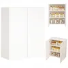 A white two-door cabinet with shelves filled with cosmetic bottles, shown from the front and in a smaller inset view with doors open.