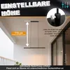 A modern LED pendant light hanging from a ceiling, with text overlays indicating adjustable height and instructions. Produktbild-Vorschau