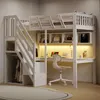 A white loft bed with a desk and storage underneath, set up in a room. Voir les images du produit