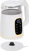 A white electric kettle with a digital display and gold accents, shown with its base. Produktbild-Vorschau