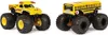 Two monster trucks, one a yellow pickup truck with a monster face and the other a yellow school bus, are shown against a white background. Voir les images du produit