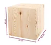 A wooden cube with dimensions indicated by purple lines and text. Voir les images du produit