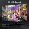 A split screen showing a comparison of 1080p and 8K Ultra HD resolution on a monitor, with feature callouts. Produktbild-Vorschau