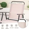 Close-up of a beige outdoor chair with a black frame, featuring icons and text highlighting its features. Podgląd zdjęcia produktu