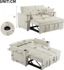 Diagrams showing the dimensions of a beige sofa bed in different configurations. Produktbild-Vorschau
