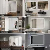A collage of six images showing LED mirrors in different room settings: hallway, salon, wardrobe, living room, dressing table, and bathroom. Produktbild-Vorschau
