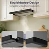 A kitchen scene showing a black range hood installed above cabinets, with steam rising from below. Two close-up insets show details of the range hood's construction. Náhľad obrázku produktu