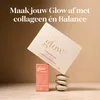 A product shot featuring two boxes of 'Glow25' supplements, one larger and tilted, the other smaller and upright, balanced on smooth stones against a gradient background. Produktbild-Vorschau