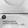 A close-up view of a toilet seat hinge mechanism and a descriptive text overlay. Produktbild-Vorschau