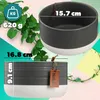 A product image showing two views of a ceramic pot with dimensions and weight indicated. Green vines are present in the background. Podgląd zdjęcia produktu