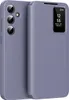 A purple flip case for a smartphone is shown with the screen displaying the time and date. Náhled obrázku produktu