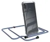 A clear phone case with a blue lanyard attached, shown against a white background. Produktbild-Vorschau