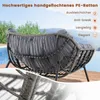A grey rattan chair with cushions is shown outdoors by a pool, with text overlays describing its features. Anteprima dell’immagine prodotto