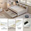 A white bed with storage drawers and a headboard with shelves and lights, shown in a bedroom setting with additional detail shots below. Náhled obrázku produktu