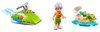 Three separate Lego elements: a green jet ski with blue water effects, a Lego minifigure wearing a life vest and helmet, and a small island scene with a turtle and shell. Náhled obrázku produktu