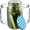 Three glass jars, one filled with pickles, and a blue and white checkered lid. Produktbild-Vorschau