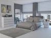 A modern bedroom with a dresser, bed, and a large window overlooking a city. Produktbild-Vorschau