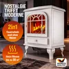 A white electric fireplace with a flame effect is shown in a modern living room setting, with text overlays highlighting its features. Produktbild-Vorschau