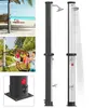 A collage of images showing outdoor showers in different settings, including a beach and a backyard, and close-ups of the product's base and shower head. Produktbild-Vorschau