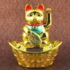 A golden lucky cat figurine sits on a boat filled with coins, with a patterned brown background. Produktbild-Vorschau