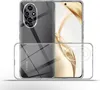 A clear phone case is shown with a phone inside, presented from two angles. Produktbild-Vorschau