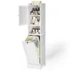 A tall, white storage cabinet with a laundry basket compartment is shown against a white background. The cabinet has several shelves filled with toiletries and towels on top. Anteprima dell’immagine prodotto