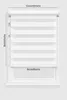A white roller blind with horizontal stripes of opaque and sheer fabric, shown installed in a window frame. Dimensions are indicated with text and lines. Produktbild-Vorschau