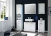 A modern bathroom with white furniture against a dark blue wall. Produktbild-Vorschau