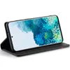 A black leather wallet-style phone case with a Samsung Galaxy S20 FE phone inside, shown in a stand-up position. Produktbild-Vorschau