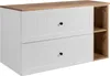 A white and brown bathroom vanity with two drawers and an open shelf. Náhled obrázku produktu
