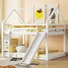 A white wooden bunk bed with a slide and ladder, set up in a child's room with decorative pictures on the wall and a rug on the floor. Produktbild-Vorschau