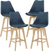 Four blue bar stools with wooden legs are arranged in a staggered formation against a white background.